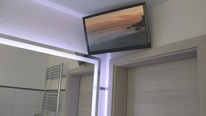 Ferienwohnung Maarhöhe, TV und DVD im Bad